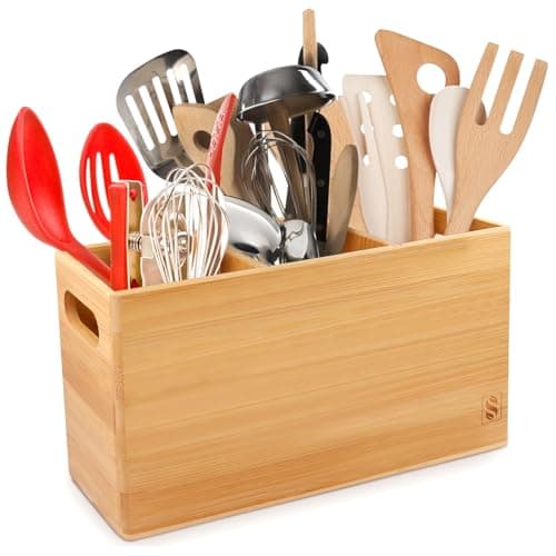 SAUNNIHEN Large Bamboo Utensil Holder for Kitchen Counter, 3 Compartments Cooking Farmhouse Utensil Holder for Countertop, Detachable Utensil Caddy Crock Organizer for Farmhouse Kitchen
