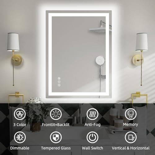 miskerm 32"x 24" LED Bathroom Mirror with Lights, Dimmable, Double Lights, Backlit + Front Lit, 3 Colors Led Mirror for Bathroom, Lighted Bathroom Vanity Mirror, Tempered Glass(Horizontal/Vertical) 6