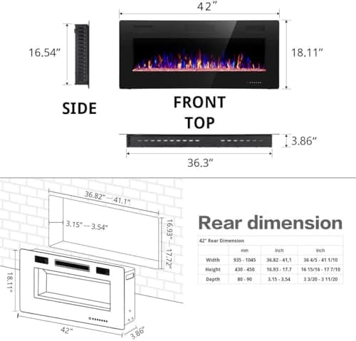 R.W.FLAME 42IN Recessed and Wall Mounted, The Thinnest Fireplace, Low Noise, Fit for 2 x 6 and 2 x 4 Stud, Remote Control with Timer, Touch Screen, Adjustable Flame Color and Speed 3