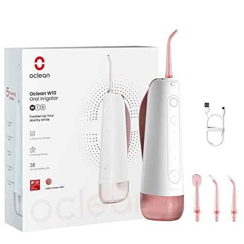 Cordless Water Flosser for Teeth Oclean W10, Portable Oral Irrigator with 5 Flossing Modes & 4 Replaceable Jet Tips, Rechargeable Waterproof IPX7-Pink Birthday Gifts for Women
