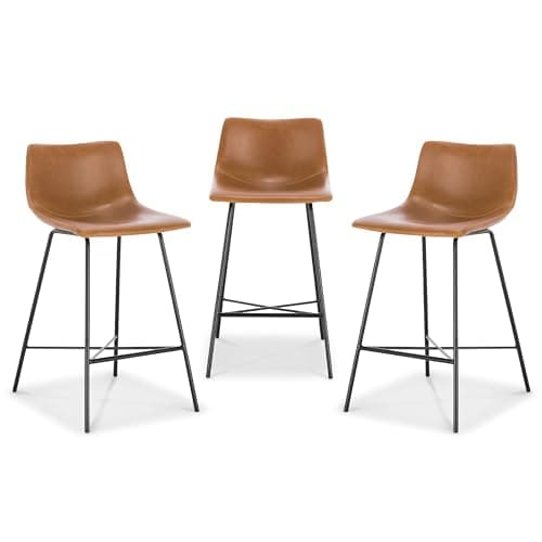POLY & BARK Paxton Leather Counter Stools 24 Inches - Set of 3 - Counter Height Bar Stools with Back - Modern Barstools for Kitchen Island or Counters - Faux Leather & Matte Black Steel Base - Tan