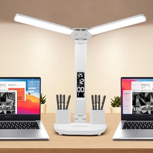 GNQJDC LED Desk Lamp Light with 2 Pen Holders, Time, Date, Temperature Display, Dimmable, 3 Color Modes, Touch Control, Foldable,Eye-Caring Table Lamp for College Dorm Room Office Home Reading Study