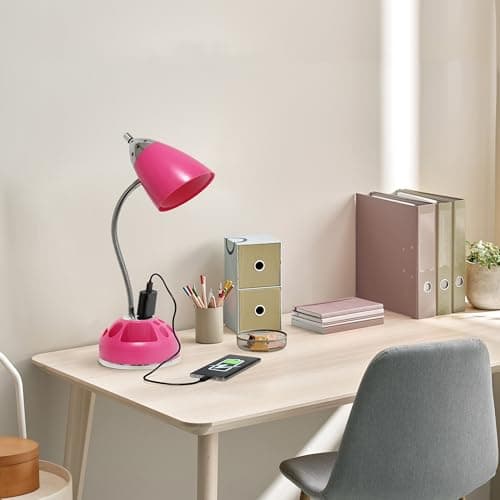 Simple Designs LD1015-PNK-LB 19.5" Flossy Organizer Desk Lamp with Charging Outlet Lazy Susan Base and LED Bulb, Pink 5