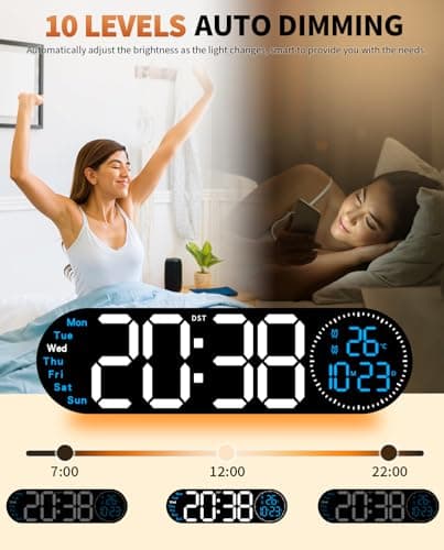 GLOKUUCA 17.2 Inch Large Digital Wall Clock with 9 Color Changing Remote Control, Date Week Temperature, Auto Brightness Dimmer Big Clock Night Lights,Blue 6