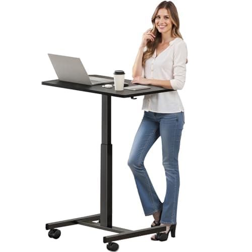 CROWNFURN Mobile Small Standing Rolling Desk Adjustable Height, Portable Laptop Desk on Wheels, Workstation for Home Office with Hook,Black