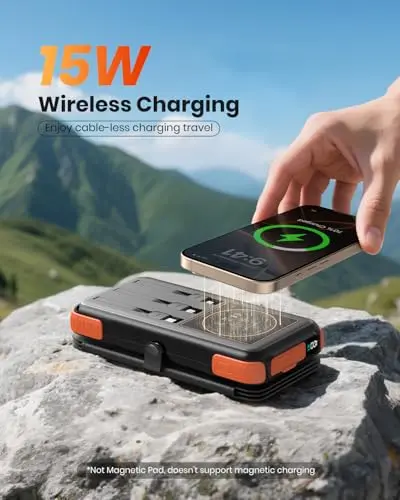 49800mAh Solar Charger Power Bank with Built-in 3 Cables & 4 Solar Panels, 20W Fast Charging Portable Phone Charger, USB C Outdoor External Battery Pack with LED Flashlights for Cellphones, Tablets 6