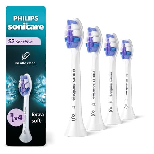 Philips Sonicare S2 Sensitive - Genuine Replacement Electric Toothbrush Heads, White, 4 Pack One Year Supply, HX6054/77