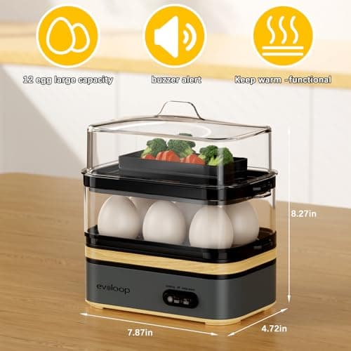 Evoloop Rapid Egg Cooker Electric 12 Eggs Capacity, Soft, Medium, Hard Boiled, Poached, Omelet Maker Egg Poacher & Vegetable Steamer, BPA Free Tray(Grey) 7