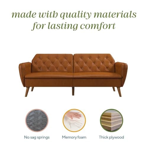 Novogratz Tallulah Memory Foam Futon, Convertible Couch, Camel Faux Leather 7