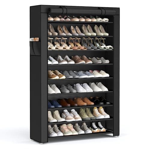 SONGMICS 10-Tier Shoe Rack, Shoe Storage Cabinet with Dustproof Cover, Free-Standing Shoe Storage Organizer for Closet, Entryway, Hold 40-50 Pairs of Shoes, for Sneakers, High Heels, Black URXJ36HV1