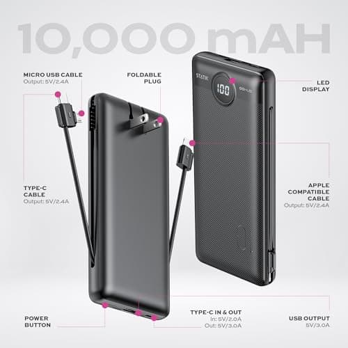 Statik GoHub Slim Portable Charger with Wall Plug, Portable Charger Built in Cables, Universal Charging Station Multiple Devices, 10000mAh Power Bank USB C Portable Phone Charger Battery Pack 1 Pack 2