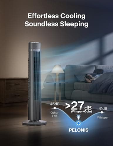 PELONIS 40-inch Bladeless Tower Fan for Bedroom, Standing Fan with Remote Control, 26ft/s, 90° Oscillation, 3 Speed Settings, 27 dB, 3 Modes, 15-Hour Timer, LED Display, Fan that Blows Cold Air, Black 5