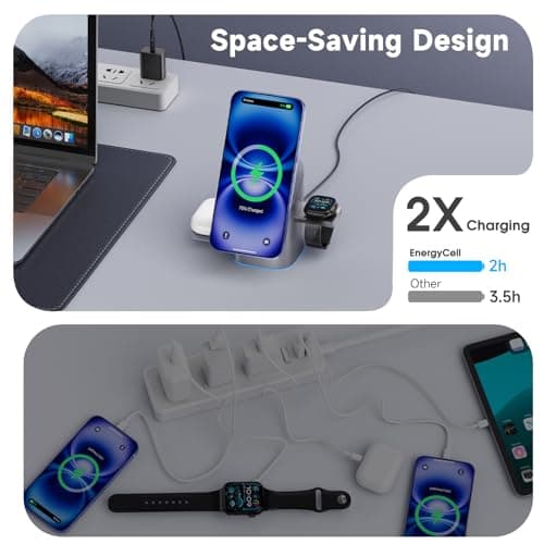 EnergyCell Rotating Wireless Charger, Qi2 Certified 2X Faster 15W for iPhone Charging Station 17/16/15/14/13, Apple Watch, AirPods, 3 in 1 Charging Station Apple Magnetic with Heat Dissipation, Grey 5