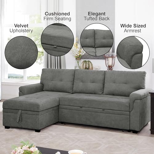 Naomi Home Transform Any Space: Sleeper Sectional Sofa with Convertible Sofa Bed & Inviting Chaise. Find Tranquil Comfort with Stress-Relieving Design & Durable Cushions - Gray/Velvet 5