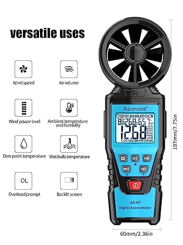 Aicevoos H7 Digital Anemometer Handheld Wind Speed Meter for HVAC, Measures Wind Speed Wind Flow Temperature and Humidity CFM Air Flow Velocity Meter with Big Backlit LCD Screen 7
