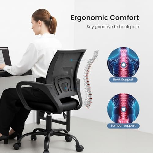 DUMOS Office Chair - Ergonomic Mid Back Mesh Desk Chair with Lumbar Support & Rocking Mode, Height Adjustable with Fixed Armrest, Computer, Gaming, Conference, 360° Swivel, Black 6