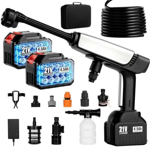 Cordless Pressure Washer Battery Powered,Portable Power Washer with 2pcs 4.5Ah Battery&Charger & 6-in-1 Nozzle,2 Power Level & on/Off Button,Handheld Pressure Washer for Car,Home,Garden Patio (8.5m)