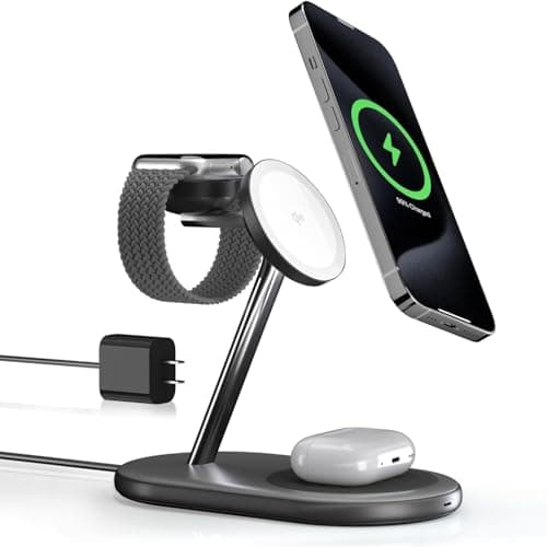 Qi2 3-in-1 Wireless Charging Station, 15W Fast Qi2 Certified Charger, Magnetic Charging Stand for iPhone16/15/14/13 Apple Watch S9 AirPods Multiple Devices with 30W Adapter Included