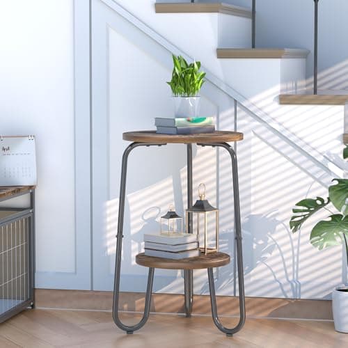 REFGY 2 Tier Wood Plant Stand Indoor, Small Round Flower Pot Stand, 19.6" Tall Single Plant Holder for Living Room, Balcony, Rustic Brown End Side Table（Rustic Brown） 8
