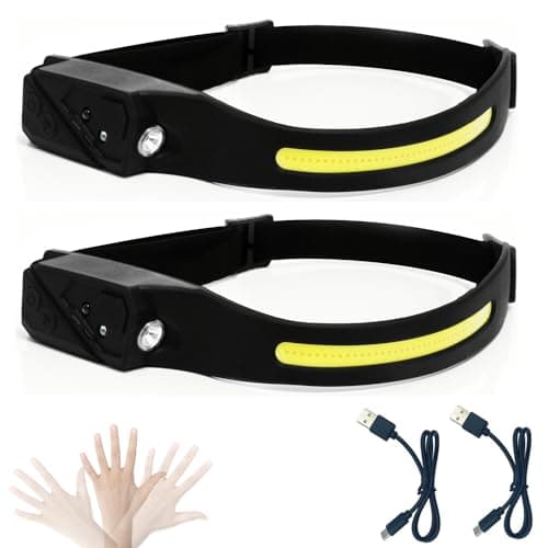 goldseaside 2PCS Rechargeable Headlamp, 230° Wide Beam Head Lights for Hiking Running Repairing Fishing Cycling, 5 Light Modes Spotlight, Waterproof Light Weight Head Lamp with Motion Sensor