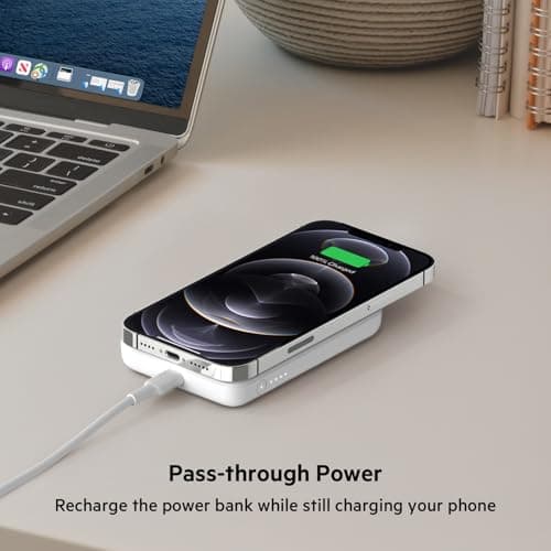 Belkin Portable Charger, MagSafe Charger Wireless Power Bank - 7.5W Wireless Charger - Portable Magnetic Battery Pack - iPhone 16, 15, 14, 13, Plus, Pro, Max, AirPods, Google Pixel 10, etc. - White 7