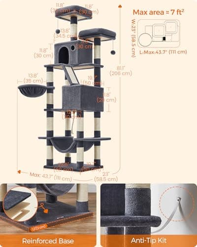Feandrea Cat Tree, 81.1-Inch Large Cat Tower, Multi-Level Plush Condo with 13 Scratching Posts, 2 Perches, 2 Caves, Basket, Hammock, Pompoms, Smoky Gray UPCT190G01 5