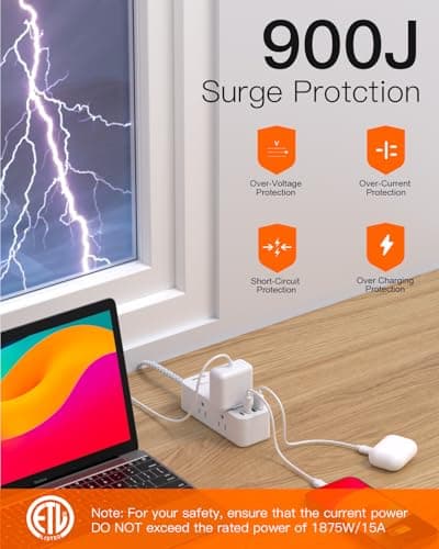 Power Strip Surge Protector, BESHON 5Ft Extension Cord, 6 Outlets with 4 USB Ports (2 USB C Outlet), 3-Side Outlet Extender, Wall Mount, Compact for Travel, Home, College Dorm Room and Office 5
