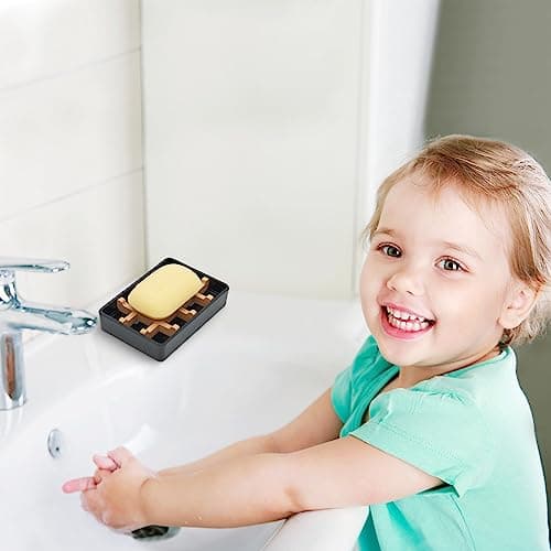 Bamboo Soap Dishes for Shower with Drainage Wooden Soap Bar Holder for Bathroom Soap Tray Easy to Clean, Durable and with Non-Slip Pads(Single Black Square) 7