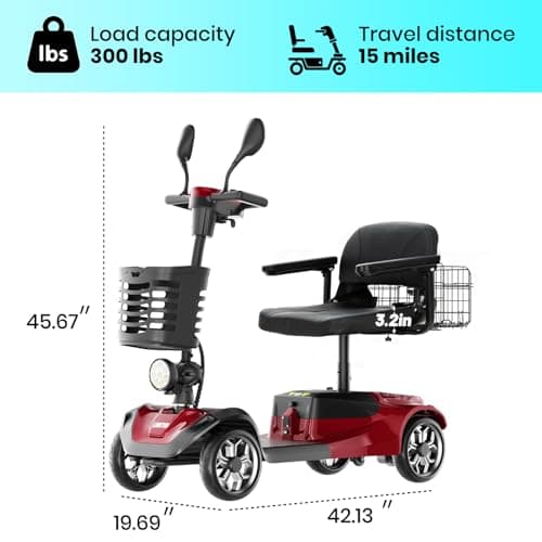 4-Wheel Mobility Scooter for Seniors, Folding Electric Powered Wheelchair, 250W Motor, 15-Mile Range, 5mph Speed, 300 lbs Capacity, All-Terrain, Red, FSA|HSA 5