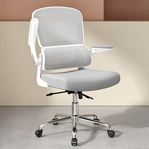 Logicfox Ergonomic Office Chair, Comfortable Office Chair with Flip-up Arms, Adaptive Lumbar Support, Mesh Computer Chair with Thick Cushion, White Desk Chair with 90°-130° Tilt Function