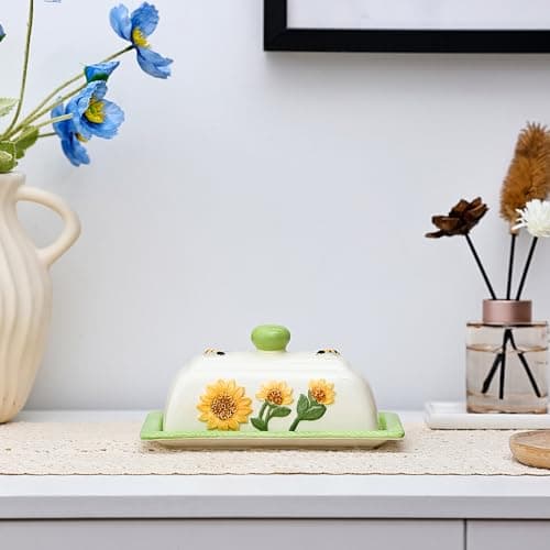 Fungi Fun Ceramic Butter Dish with Lid for Countertop – Decorative Sunflower and Mushroom Design, Unique Sunflower Kitchen Accessories, Cute Butter Dish with Cover for Countertop, Holds 2 Sticks 8