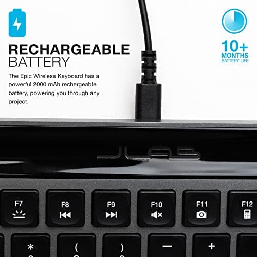 JLab Epic Wireless Keyboard, Black, 108 Keys, Connect Via Bluetooth or USB Wireless Dongle, Multi-Device Toggle, Soft Touch Keys, Smart Media Knob, Custom User Profiles, Rechargeable (1 Pack) 8
