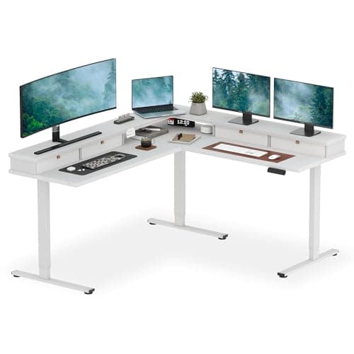 SANODESK 71" L Shaped Standing Desk with 4 Drawers, Height Adjustable Stand up Desk, Corner Gaming Desk with Monitor Stand, White Frame/White Top