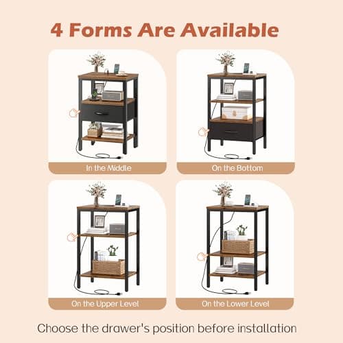 SUPERJARE Nightstand with Charging Station, Bed Side Table with Adjustable Fabric Drawer, Night Stand for Bedroom, 3-Tier Storage End Table, for Living Room, Rustic Brown and Black 5