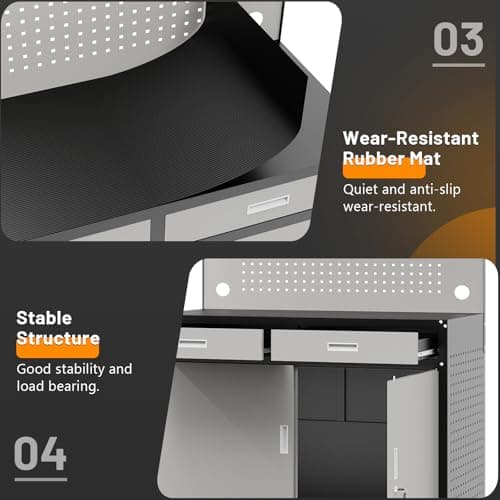 Rumetol 65" Heavy Duty Garage Workbench with Storage Drawers & Pegboard,2000lbs Capacity Metal Work Bench with Lockable Magnetic Cabinets,Adjustable LED Light for Workshop/Garage 6