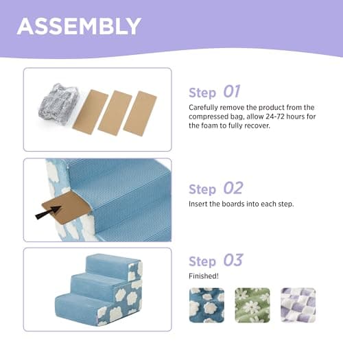 Lesure Dog Stairs for Small Dogs 18" H 4-Step Foam Pet Steps Foldable for High Bed Couch and Sofa Chairs Jacquard Shaggy Plush for Cats with Supporting Board and Non-Slip Bottom, Light Blue 5