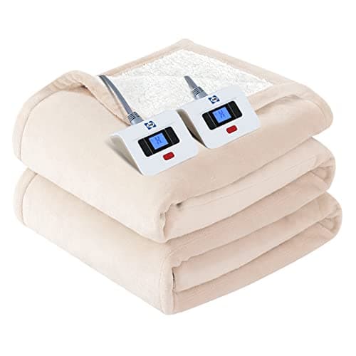 SEALY Electric Blanket King Size, Flannel & Sherpa Heated Blanket with 10 Heating Levels & 1-12 Hours Auto Shut Off, Fast Heating Warming Blanket, Machine Washable, Beige, 100 x 90 Inch