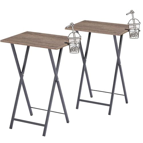 VECELO Folding TV Tray for Eating Set of 2, Portable Dinner/Snack Table with Cup Holder for Couch, Living Room and Small Space, Khaki