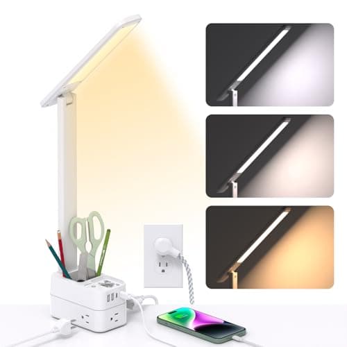 Addtam LED Desk Lamp with Pen Holder, Study Lamps with 3 Outlets 4 USB Charging Ports(2 USBC), 3 Color Modes Desk Light Touch Lamp, Small Desk Lamps for Home Office College Dorm Room Essentials