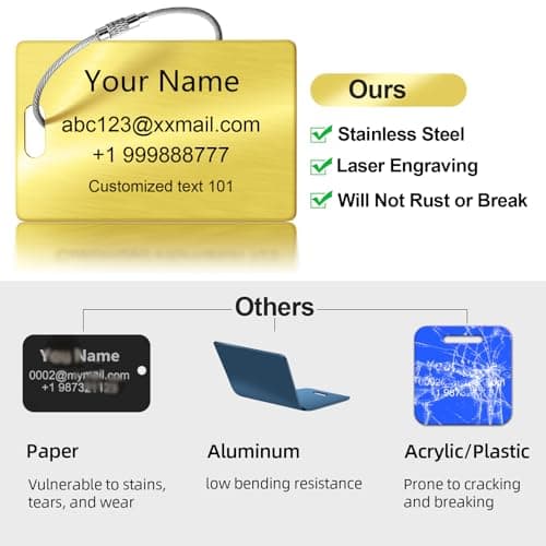 Metal Personalized Initial Luggage Tag - Laser Engraved Stainless Steel Custom Name ID Tags for Suitcase, Bag, Baggage, Backpacks Tag for Kids, Women Travel Essentials Accessories (Silver) 6