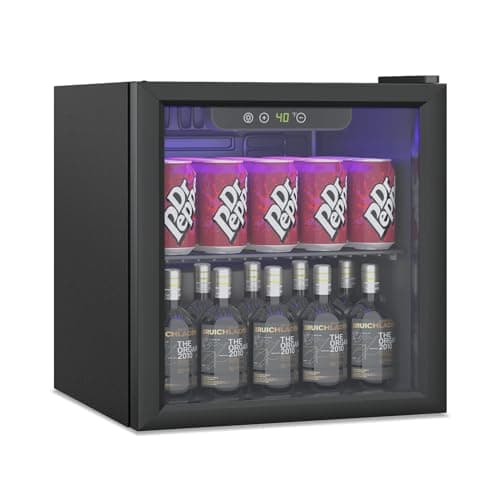 Erivess Compact Beverage Refrigerator,60 Can/1.3 Cubic Feet Mini Fridge with Glass Door for Soda, Beer, or Wine, Under Counter Small Refrigerator with Adjustable Shelves and Digital Display