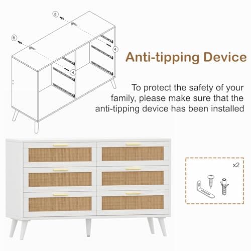 Rovaurx 6 Drawer Double Dresser for Bedroom, Rattan Chest of Dressers, Modern Wooden Dresser Chest with Golden Handles, Beside Table for Closet, Living Room and Entryway, White and Natural 9