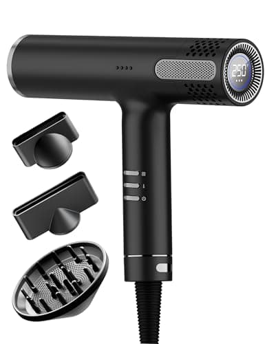 Lanvier Hair Dryer with Diffuser, Professional Ionic Blow Dryer for Women, Compact Lightweight Design Fast Drying, Intelligent 4 Heats, 3 Airflow Control, LCD Display, Cool Shot for Curly & All Hairs