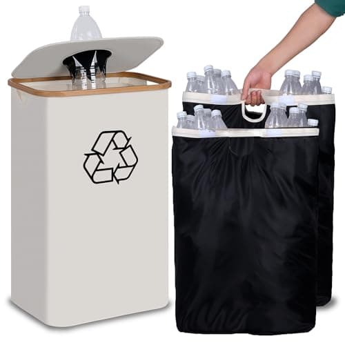 efluky Recycling Bin 100L, 26 Gallon Recycle Bins for Kitchen Indoor Outdoor Home with 2 Removeable and Reusable Inner Bag, Tall Recycle bin for Bottle Can Plastice Stickers (Beige)