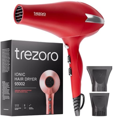 TREZORO Professional Hair Dryer, Ionic Ceramic Tourmaline Technology, 2000W Fast Quiet Drying, with Narrow & Wide Concentrator Nozzles, 3 Heat & 2 Speed Settings, Cool Shot Button, Red
