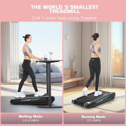 FUNMILY Smallest Walking Pad with Incline, 2 in 1 Under Desk Treadmill for Home Office, Mini Compact Treadmill, 2.5 HP Walking Treadmills 300lbs Weight Capacity, Lighting Design 4