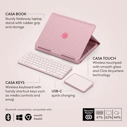 Logitech Casa Pop-Up Desk Work From Home Kit with Laptop Stand, Wireless Keyboard & Touchpad, Bluetooth, USB C Charging, for Laptop/MacBook (10” to 17”),Windows, macOS, ChromeOS - Bohemian Blush, Pink 7