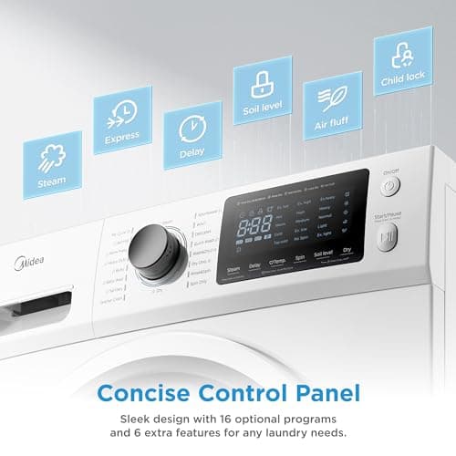 Midea 24 Inch All-in-One Front Load Washer Dryer Combo, 2.7 Cu.ft 26lbs Ventless Full-Automatic Washing Machine with Steam Care, Overnight Dry, 1400 RPM 16 Wash Cycles, White 8