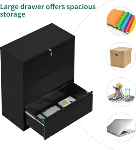 YITAHOME 3 Drawer Lateral File Cabinet with Lock, Metal Stainless Steel Wide Lateral Filing Cabinet for Legal/Letter A4 Size, Office Organizer Storage Cabinet, Black 7