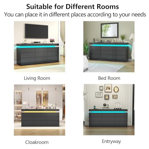 Gyfimoie 9 Drawer Dresser with Power Outlet, Dresser with LED Light, Modern Chest of Drawers for Closet, Double Wide Drawer Organizer Cabinet for Bedroom, Living Room (Black, 9 Drawers) 7